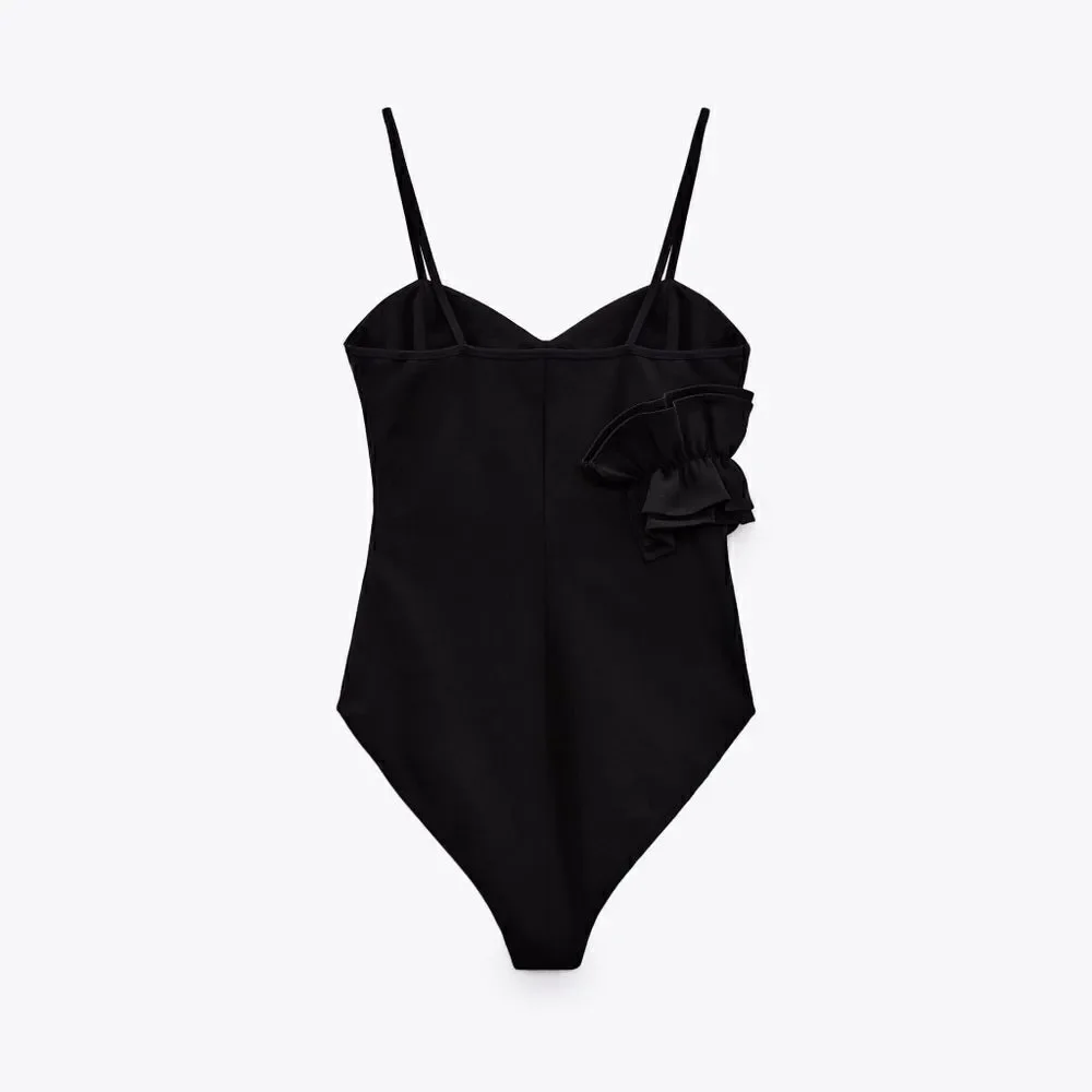 NWT ZARA Ruffle Bodysuit BLACK SIZE SMALL FLOWER - Picture 3 of 6